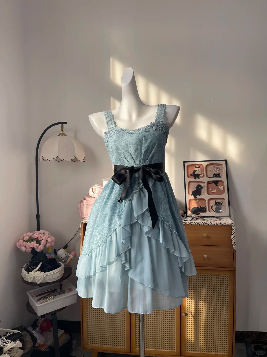 Vintage A Line Square Blue Chiffon With Lace 16th Birthday Homecoming Dress Graduation Outfits RB6799
