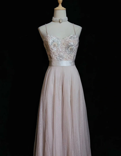 Robe de soirée élégante rose poudré avec bretelles fines et dentelle à sequins, robe de bal à paillettes N2834