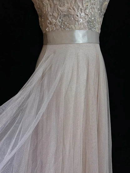 Robe de soirée élégante rose poudré avec bretelles fines et dentelle à sequins, robe de bal à paillettes N2834