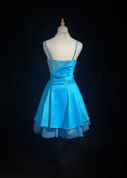 Süßes Ballkleid Spaghettiträger Blau Kurzes Mini Partykleid Cocktail Homecoming Kleider N4218