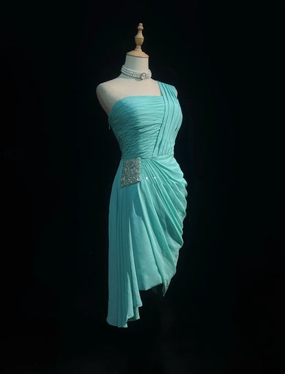 Jolie robe courte de bal en mousseline bleue à une épaule, coupe trapèze, robes de Hoco N2616
