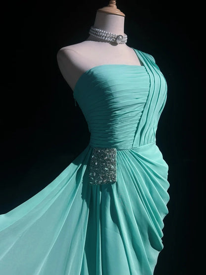 Jolie robe courte de bal en mousseline bleue à une épaule, coupe trapèze, robes de Hoco N2616