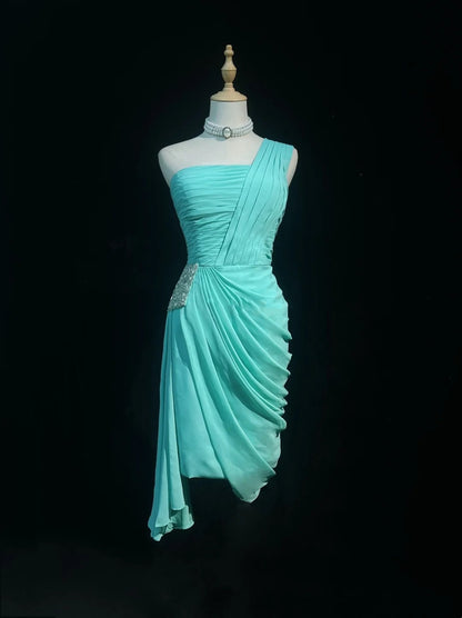 Jolie robe courte de bal en mousseline bleue à une épaule, coupe trapèze, robes de Hoco N2616