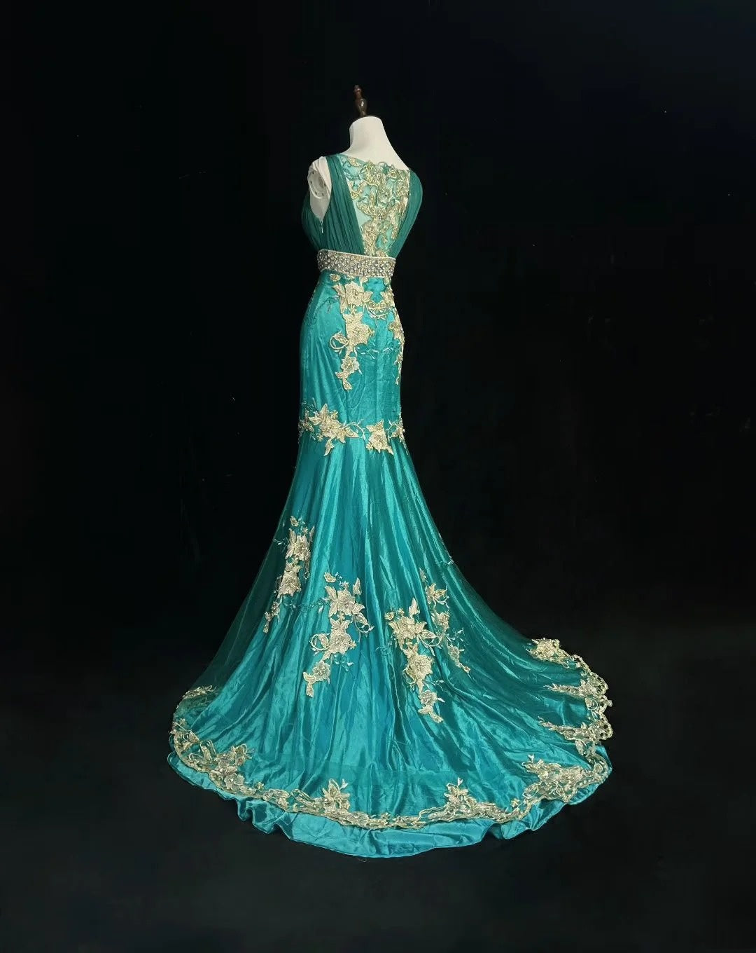 Vintage Prom Dresses 1970s Mermaid Straps Green Tulle Long With Gold Lace Prom Dresses Evening Formal Outfits RB5130