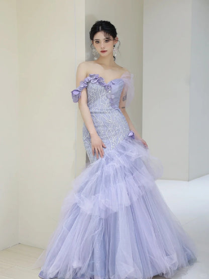 Robe de bal longue en tulle lilas, épaules dénudées, style sirène, N851