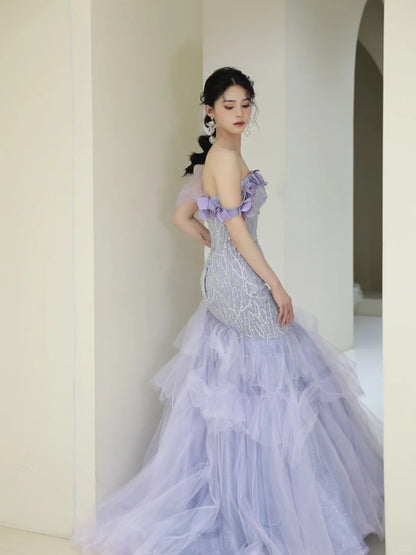 Robe de bal longue en tulle lilas, épaules dénudées, style sirène, N851