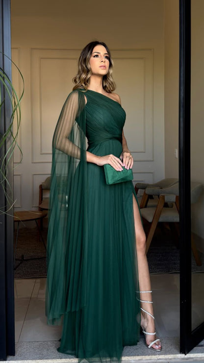 Cocktailkleid für Damen, A-Linie, schulterfrei, dunkelgrüner Tüll mit Schlitz, plissiert, lang, für Abschlussfeier, Ballkleid AB1894