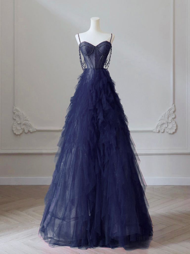 Robe de bal longue bleu foncé en tulle, coupe trapèze, décolleté cœur ; robe de remise de diplôme longue bleu foncé ornée de perles AB691