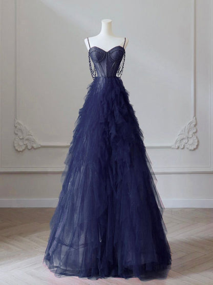 Robe de bal longue bleu foncé en tulle, coupe trapèze, décolleté cœur ; robe de remise de diplôme longue bleu foncé ornée de perles AB691