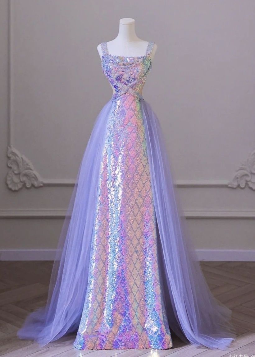 Glitzerndes Meerjungfrauen-Kleid mit eckigem Ausschnitt, lila Pailletten, langes formelles Ballkleid, 20. Geburtstagskleid AB1332