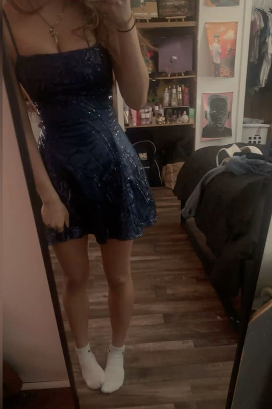 Sparkly A Line Spaghetti Straps Navy Blue Sequin Mini Graduation Dresses Short Inspo Senior Homecoming Outfits RB3510