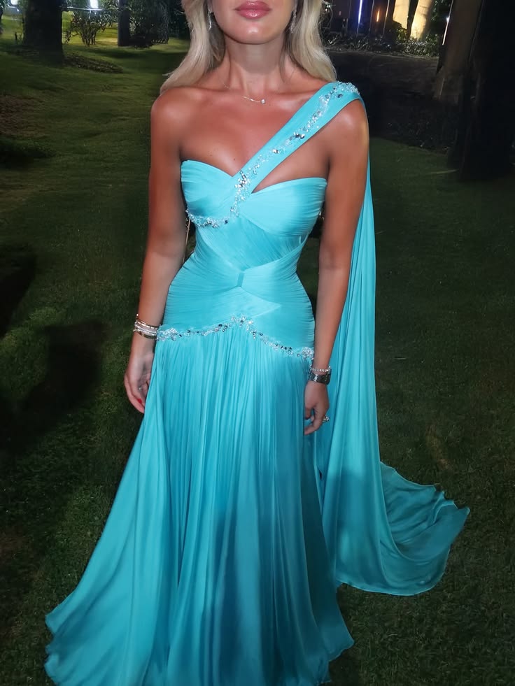 Blue Prom Dresses Inspiration Mermaid One Shoulder Chiffon Pleated Evening Gown Long Gala Party Dress RC1499