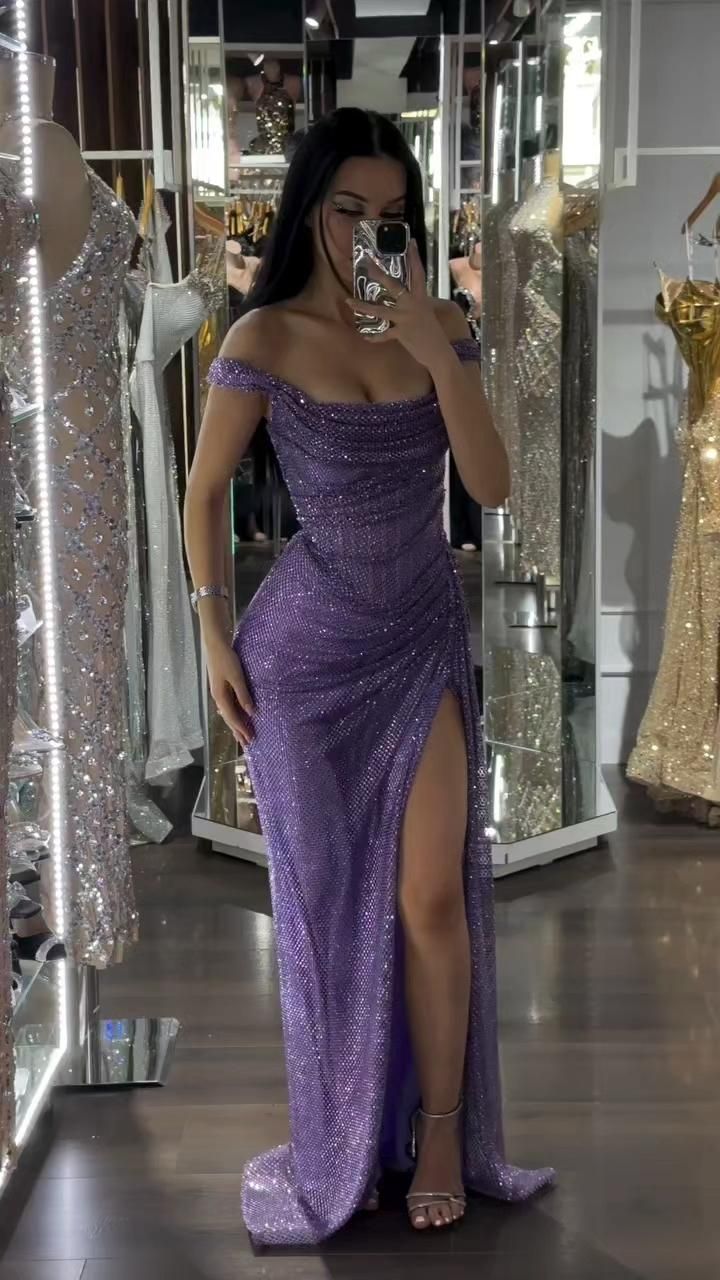 Modest Mermaid Off The Shoulder Marine Ball Dresses Long Formal Gowns Lilac Sequin Slit Prom Dresses Evening Gowns AB809
