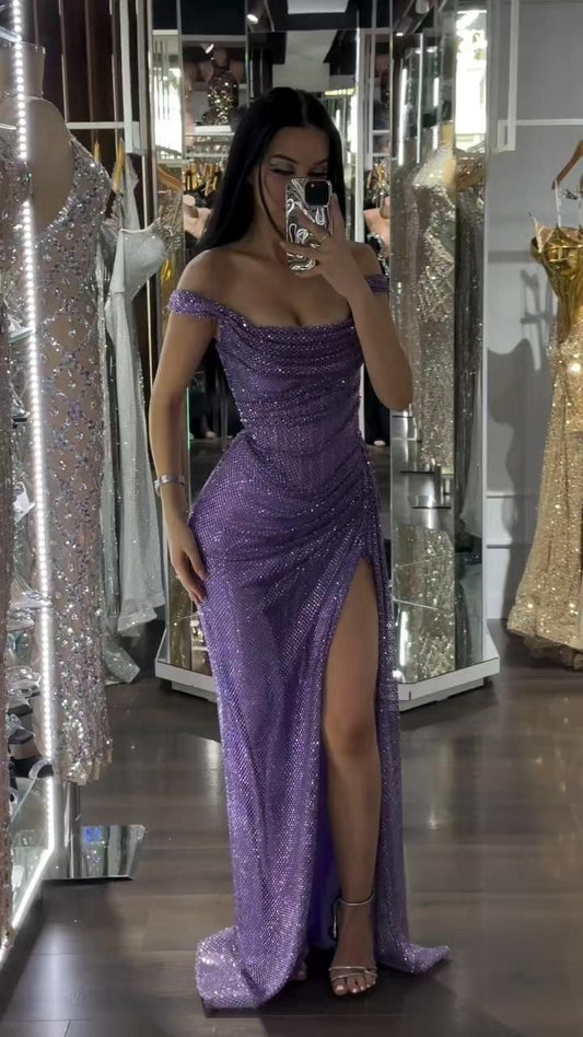 Modest Mermaid Off The Shoulder Marine Ball Dresses Long Formal Gowns Lilac Sequin Slit Prom Dresses Evening Gowns AB809