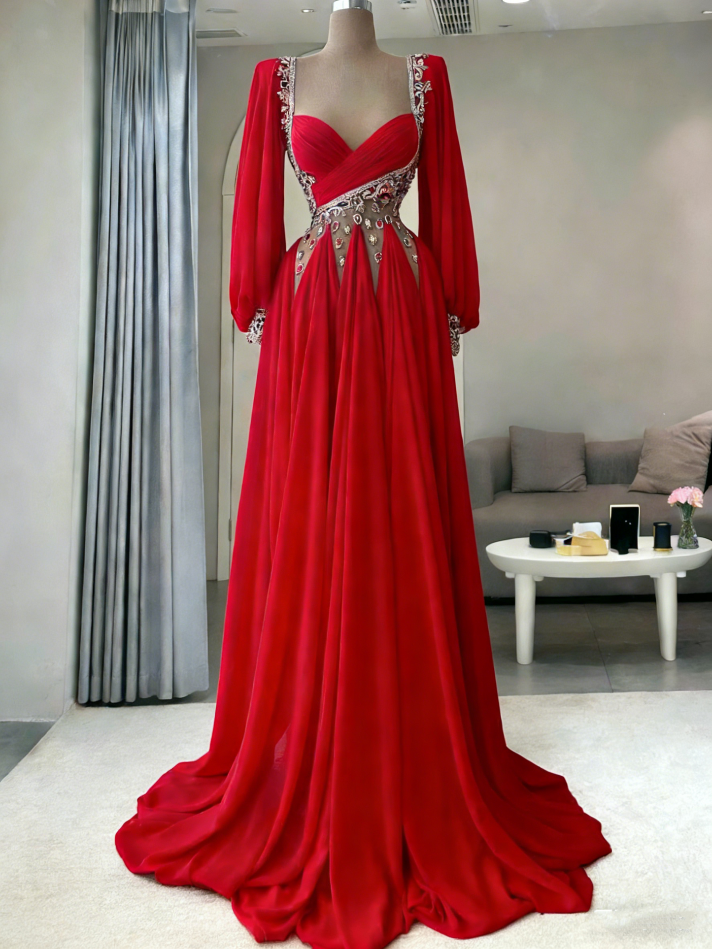 Robe de bal de fin d'année modeste pour lycéennes - Inspiration pour les écoles secondaires - Robe longue de bal semi-formelle en mousseline rouge à plis, coupe trapèze, AB2190