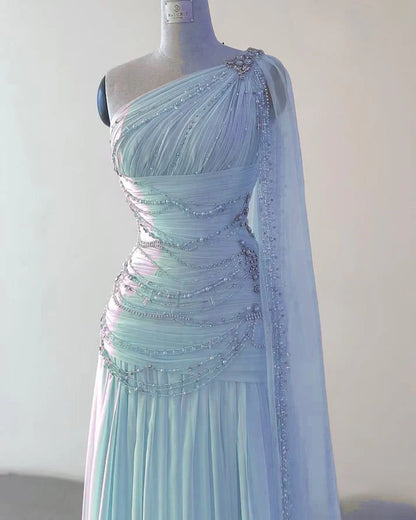 Robe de soirée longue asymétrique en mousseline rose pour bal de promo N2392