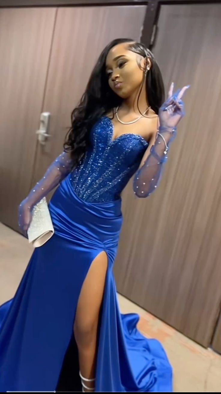 Prom Dress Mermaid Sparkly Sweetheart With Slit For Black Girls Royal Blue Graduation Party Dress RC1008
