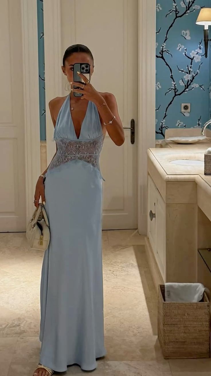 Robe de soirée longue bleue dos nu, style sirène, coupe simple, idéale pour l'été, la plage ou un mariage de printemps (N1389)