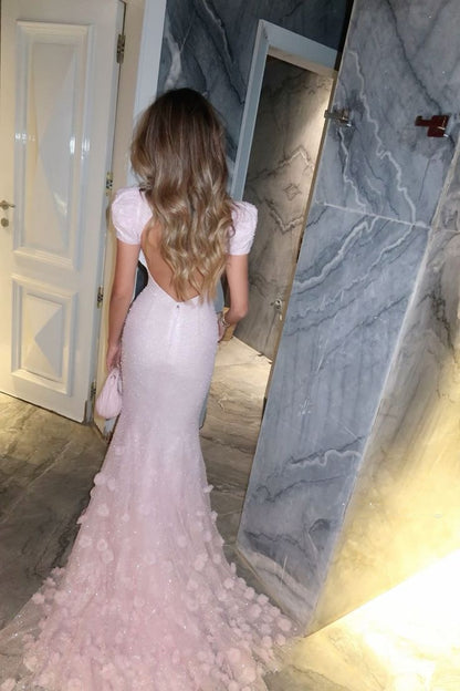 Robe de bal longue sirène rose à sequins et manches courtes bouffantes, décolleté cœur, idéale pour un 18e anniversaire (N278)