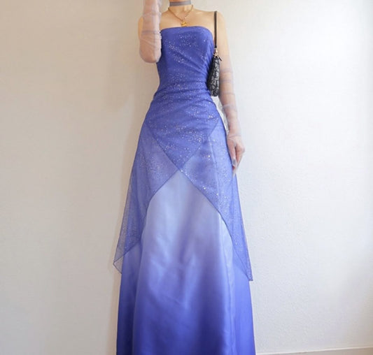Y2K Lagen-A-Linie Trägerloses Lila Farbverlauf Ärmelloses Langes Ballkleid zum 21. Geburtstag Abschlussballkleider N2404