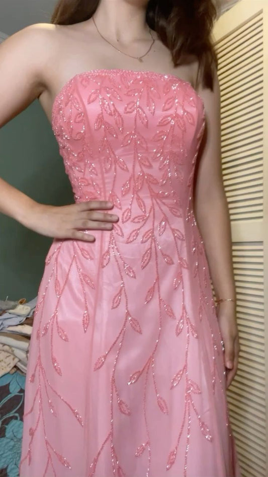 Glamouröses Ballkleid Trägerlos Pink mit Perlen Bestickung Festliches Kleid 18. Geburtstag Abschlussballkleider N2799