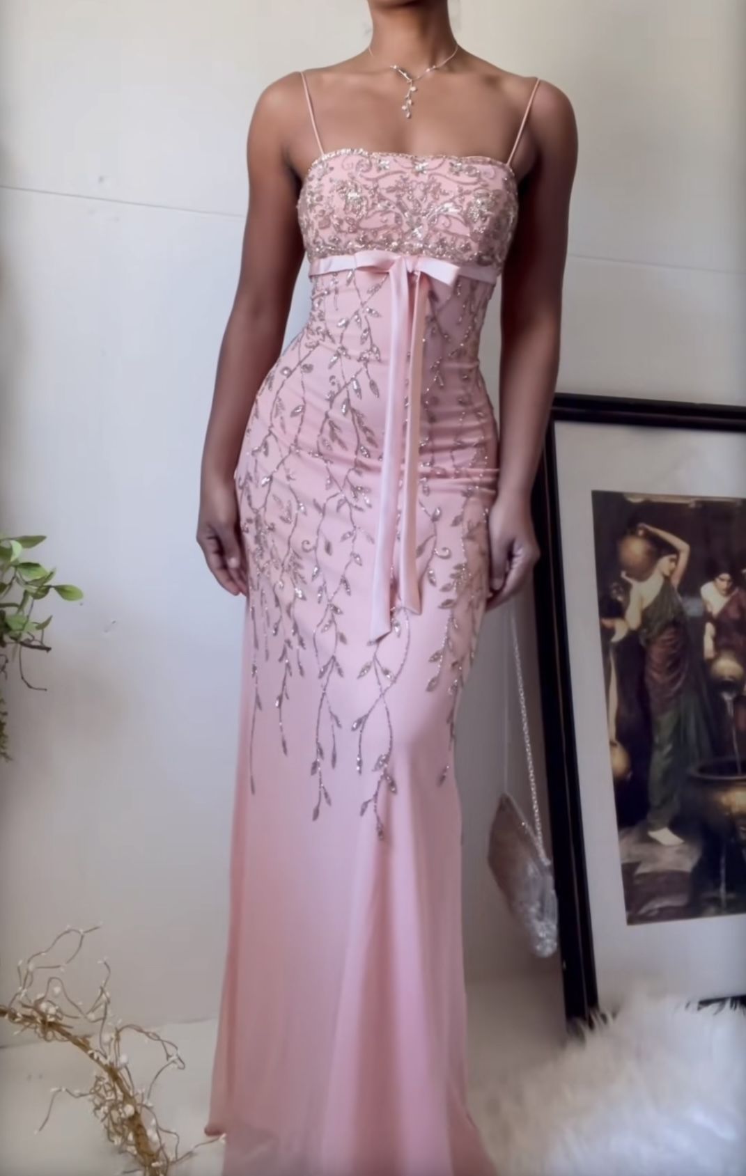 Prom Dress Mermaid Sparkly Spaghetti Straps Pink Chiffon Floor Length Graduation Party Dress RC1016