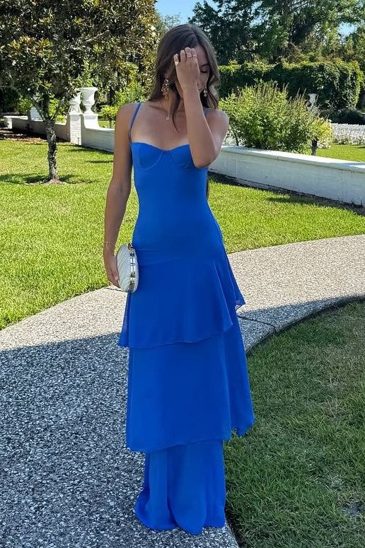 Robe de bal longue jaune sirène à fines bretelles et volants, idéale pour un anniversaire (AB2309)