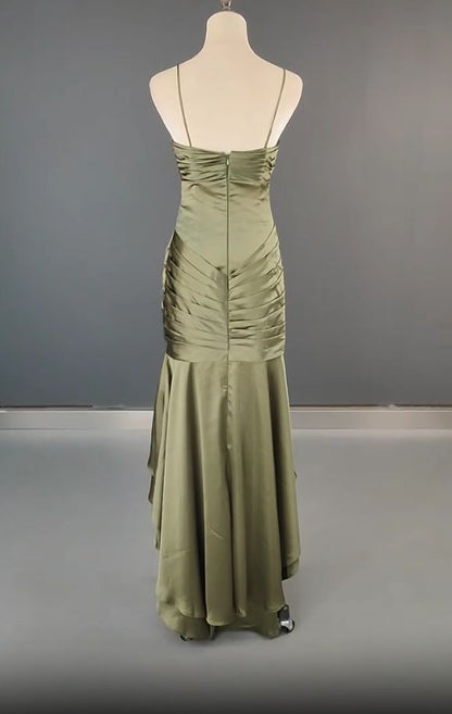 Robe de bal longue sirène élégante à fines bretelles en satin vert foncé, robe de soirée somptueuse N1782