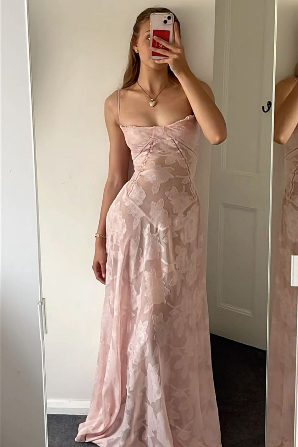 Langes, rosafarbenes Spitzenkleid mit Spaghettiträgern für Teenager, Abiballkleid AB623