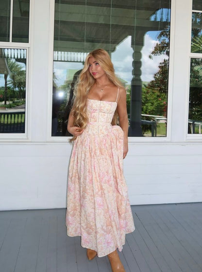 Spaghettiträger, rosa geblümtes Satin-Abendkleid in A-Linie, langes formelles Partykleid für Teenager, Abiballkleid AB625