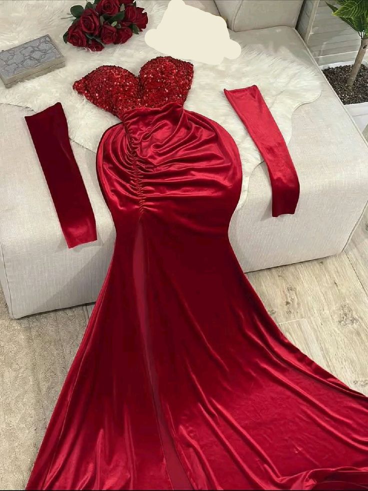 Robe de bal sirène modeste en satin rouge avec gants, robe de soirée, tenue pour un 21e anniversaire, robe de remise de diplôme AB1331