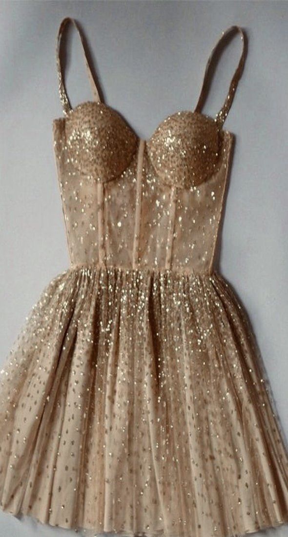Sparkly A line Spaghetti Straps Gold Short Homecoming Dresses Party Outfits Inspiration RB9295