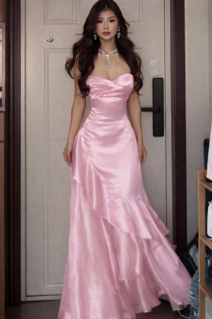 Modest Prom Dresses Mermaid Sweetheart Pink Satin For Teens Gilrs Long Formal Dress RC1352