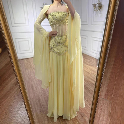 Elegant Mermaid Strapless Maxi Long Party Light Blue Chiffon Beaded Prom Dresses Evening Dress RB1350