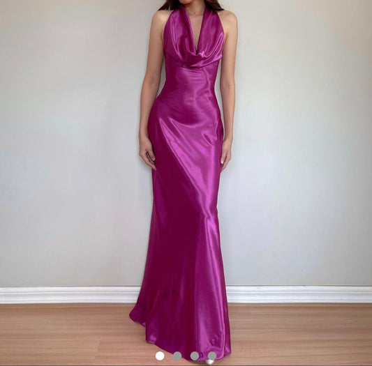 Vintage Meerjungfrau 90er Fuchsia Neckholder Satin Abendkleid Lange Abschlussballkleider N2801