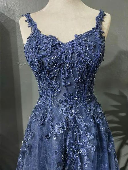Robe de bal longue bleu marine en tulle, coupe trapèze, bretelles spaghetti, style modeste, N048