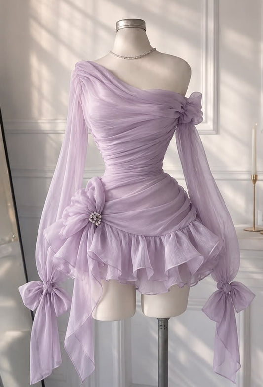 Modest Hoco Dress Homecoming Dresses Lavender Whisper Sheath One Shoulder Chiffon 16th Birthday Party Outfits RB6403