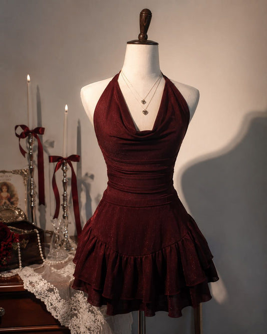 Aesthetic Hoco Photo Ideas A line Halter Burgundy Short Homecoming Dresses Senior Year Cocktail Hoco Outfits RB8912