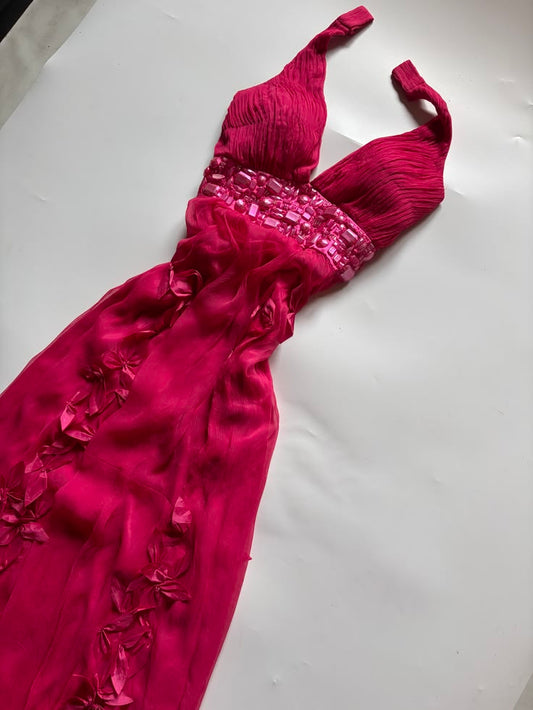New Women’s Long Prom Dress A Line V Neck Hot Pink Chiffon Elegant Formal Graduation Party Gown RB9506