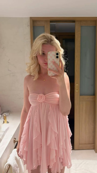 Sweet A Line Sweetheart Pink Chiffon Birthday Outfits Mini Party Gown inspo Short Cocktail Hoco Dresses RB6079