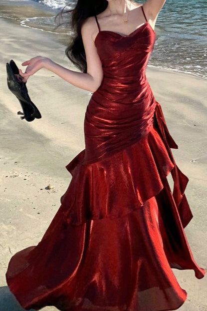 Mermaid Burgundy Spaghetti Straps Satin Ruffle Trim Party Gown Prom Dress Graduation Dresses N1621