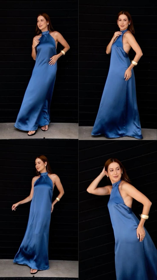 Vintage A-Linie Marineblau Halfter Satin Abendkleid Langes Ballkleid N2802