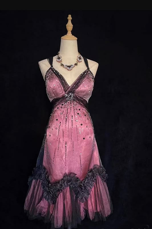 Vintage Tulle Beaded A Line Birthday Dress Spaghetti Straps Homecoming Dress Cocktail Dress RB6238