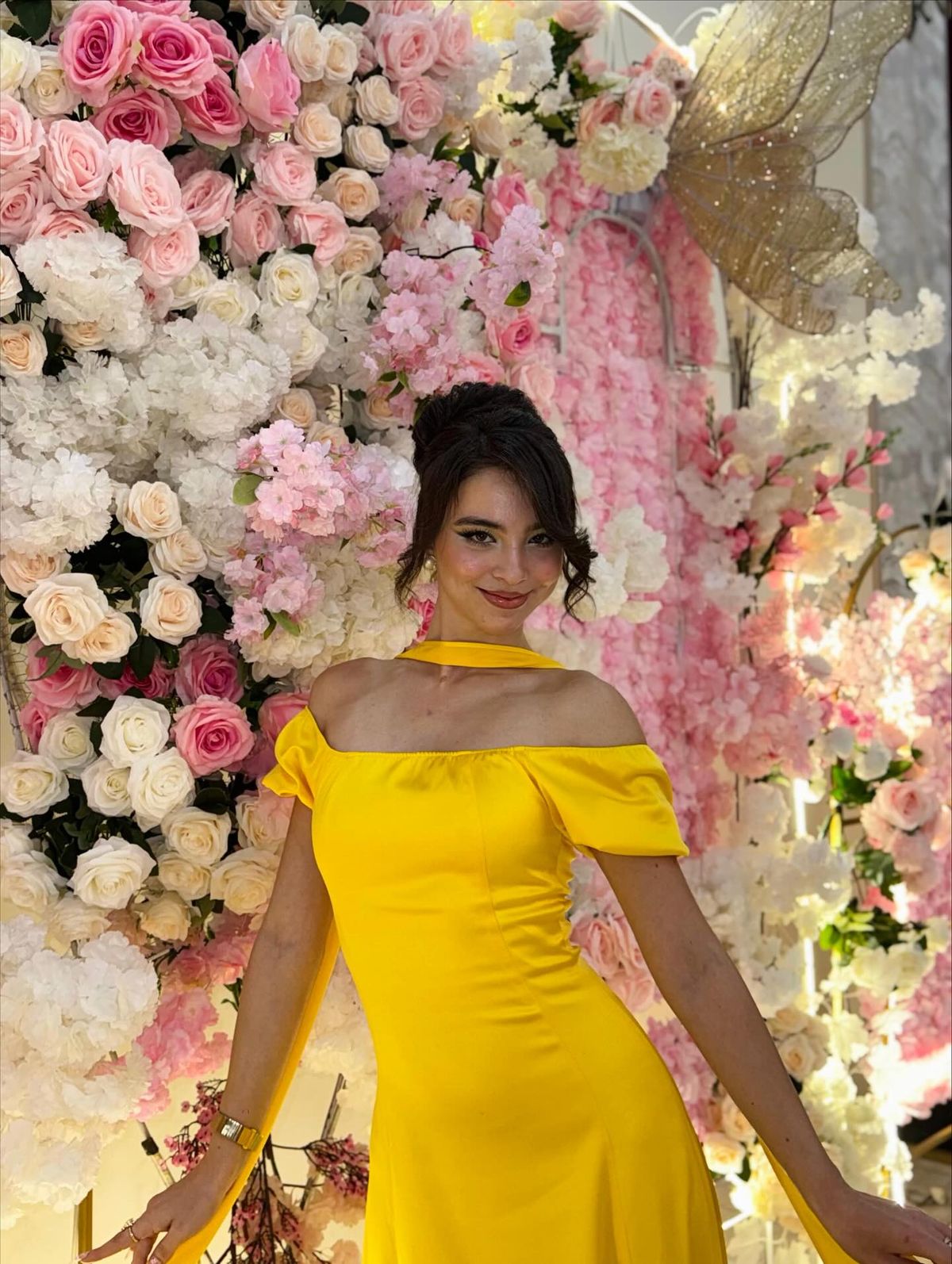 Gorgeous Yellow Sheath Off The Shoulder Yellow Satin High Slit Prom Dresses With Scarf AB190