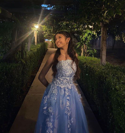 Elegantes, trägerloses Ballkleid mit Spitzenapplikationen – Inspiration für formelle Anlässe und Partys – Abiballkleider AB102