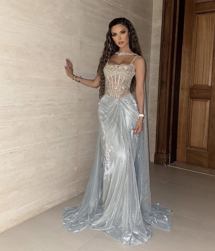 Gorgeous Evening outfit Mermaid Spaghetti Straps Ice Blue Prom Dresses Long Formal Dress RC1398