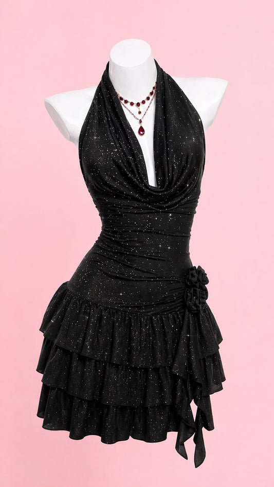 Sparkly Sheath Halter Little Black Sequin Mini Graduation Dresses Short Inspo Senior Homecoming Outfits RB3514