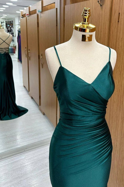 Glitzerndes Meerjungfrauen-Spaghettiträgerkleid aus dunkelgrünem Satin für Damen, langes formelles Ballkleid, 22. Geburtstagskleid AB1362
