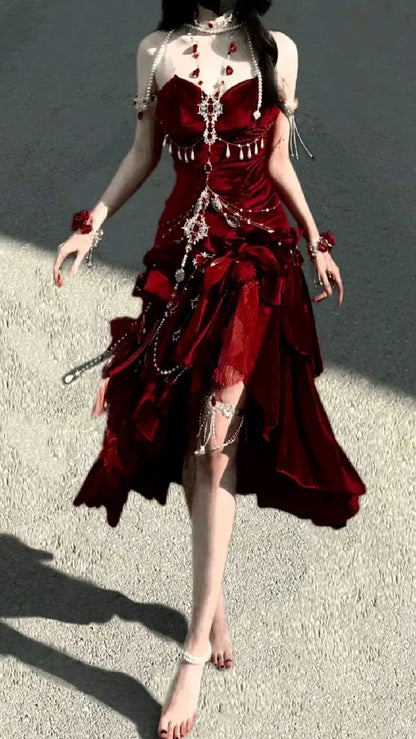 Robe de bal longue en velours bordeaux, style sirène vintage, bretelles spaghetti, tenue de bal pour 16e anniversaire, RB1643