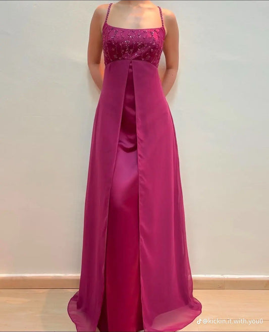 Einfaches A-Linien-Trägerloses Heißrosa Satin Kleid mit Perlenstickerei, Ärmellos, Lang, Festlich, Abschlussballkleid, 21. Geburtstag, Ballkleider N2414